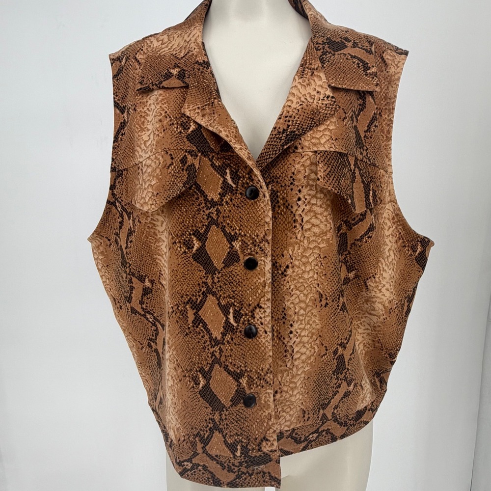 Kristen & Hayley Snakeskin Print Button Front Vest Brown Tan Animal Print XL